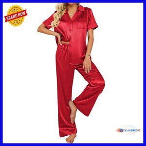 Silk Pajama Set with Pockets, Button Down Top, Wide Leg Pants